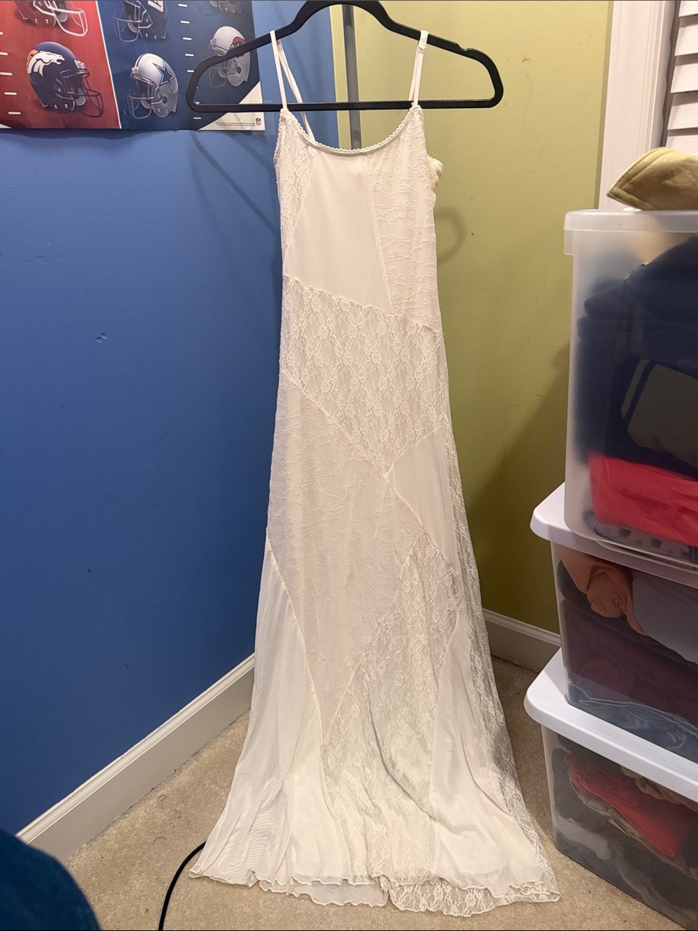 Ivory Lace-Panel Maxi Slip Dress with Spaghetti Straps
